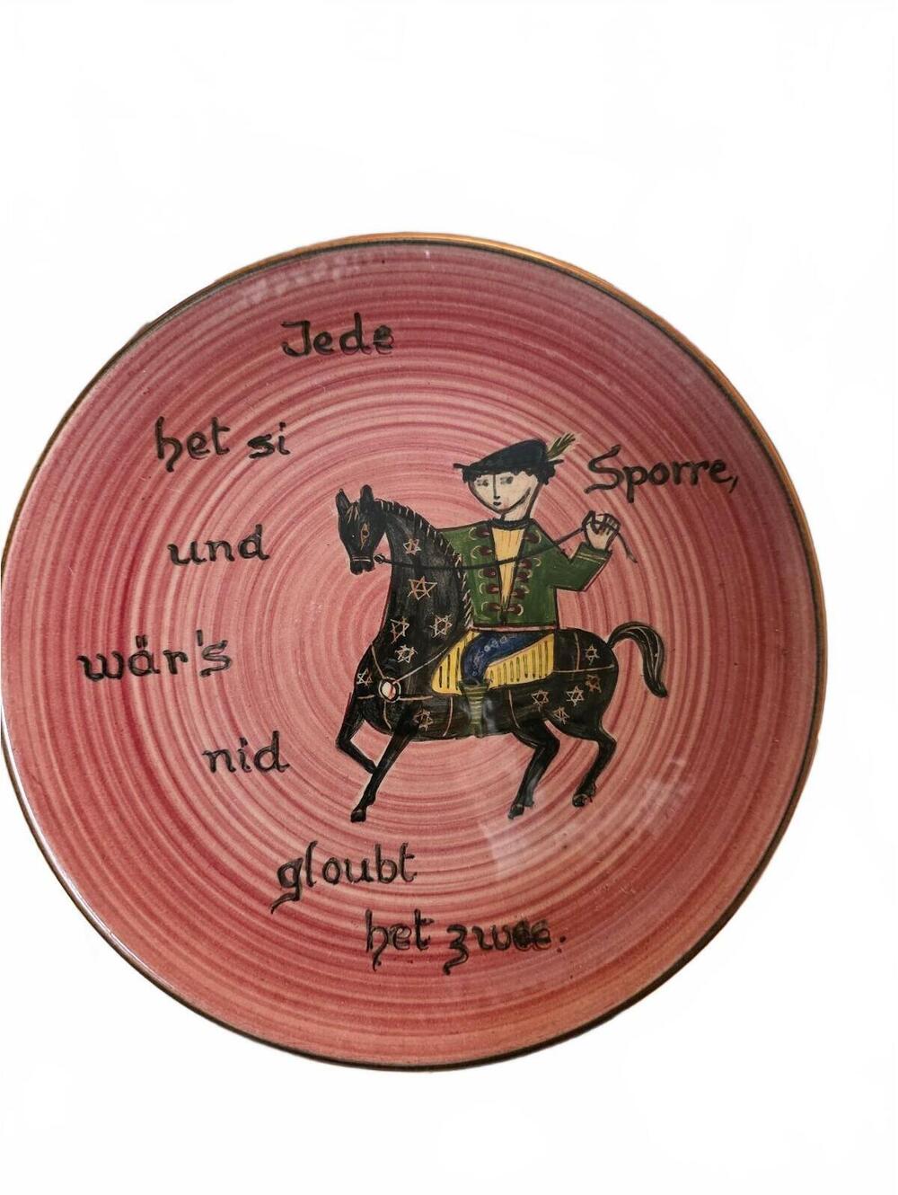 Vintage Swiss German Studio Pottery Wall Plate - Horseman Proverb 7.5"
